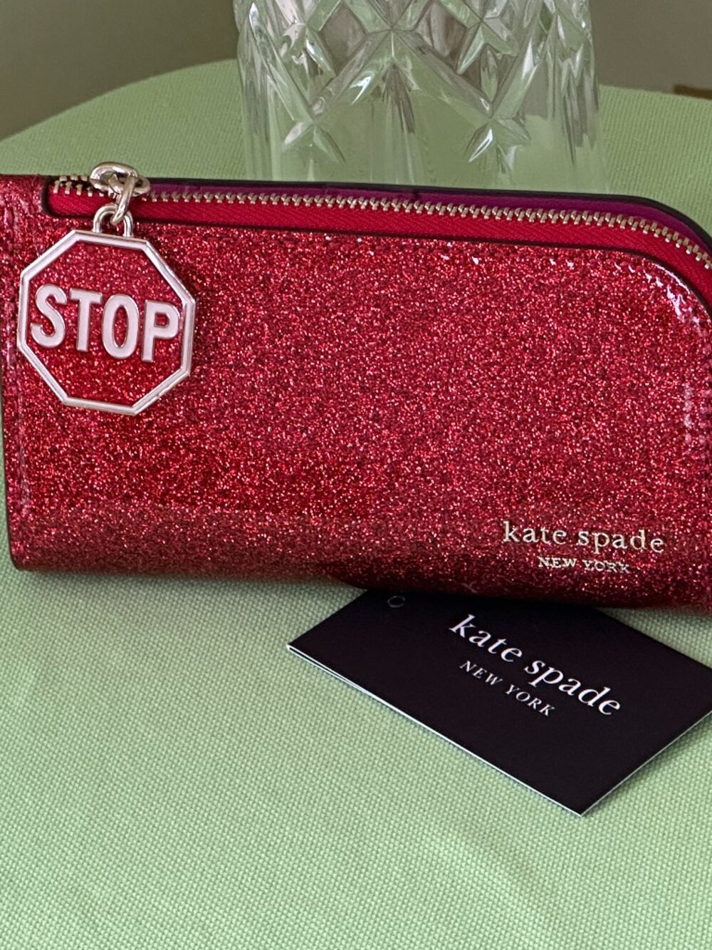 KATE SPADE DETOUR GLITTER PATENT LEATHER SLIM BIFOLD WALLET:NWT "STOP SIGN"